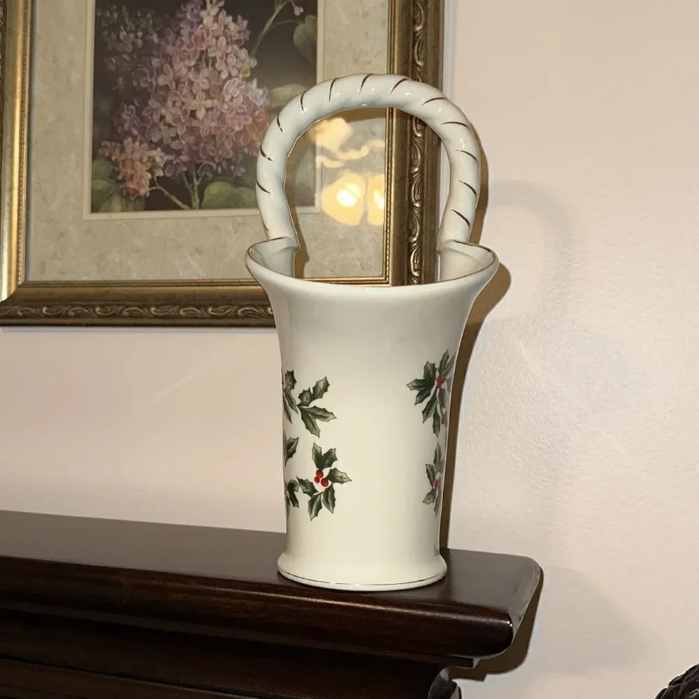 Living Quarters Christmas Winterberry Basket Vase White Green Red Gold